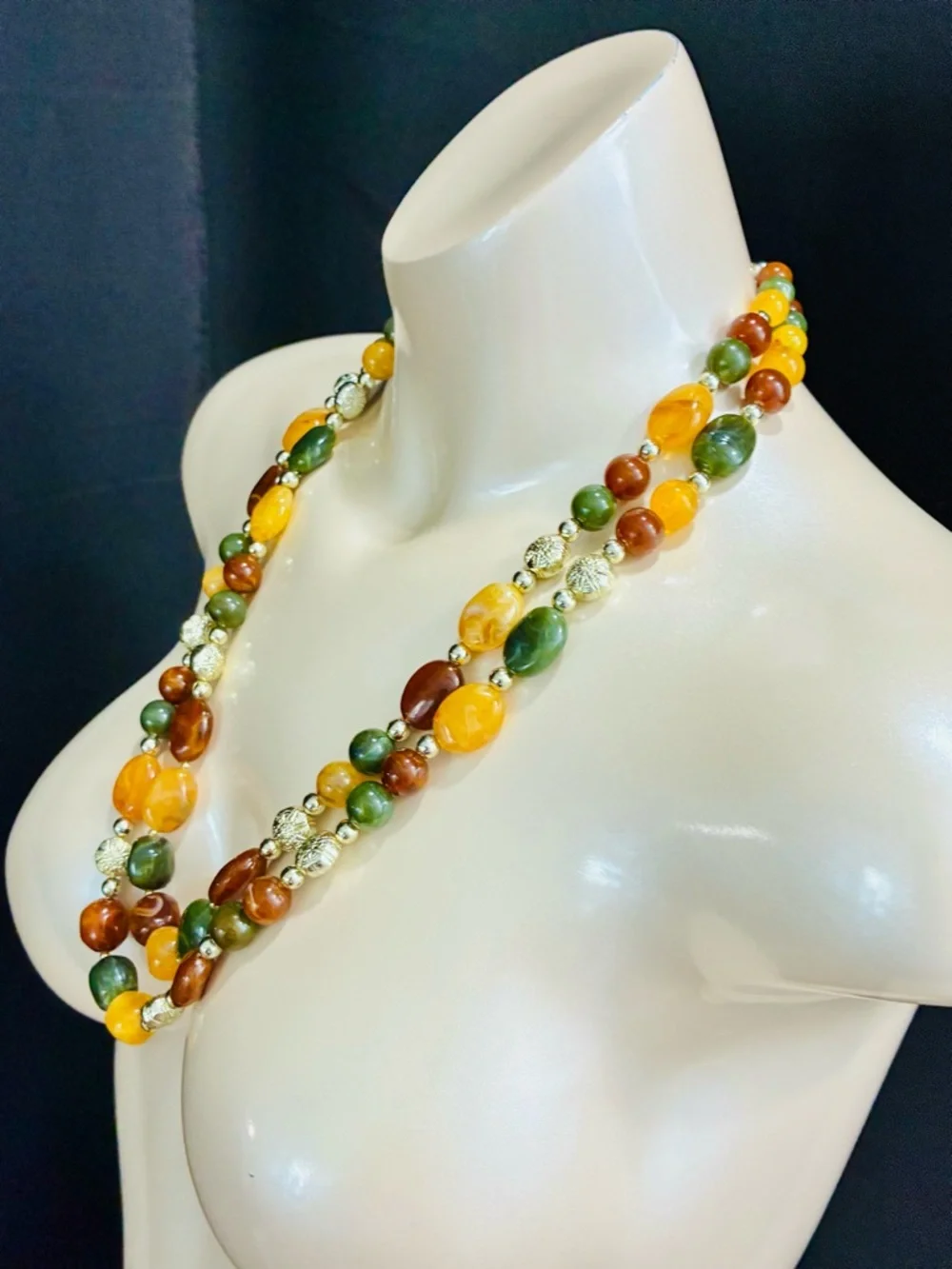 VTG Multi-Strand Amber, Green & Brown Beaded Necklace Earthy Natural Tones EUC